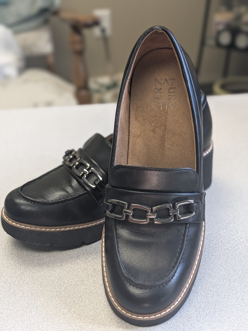 Naturalizer Black Leather Loafers with Silver Chain Detail